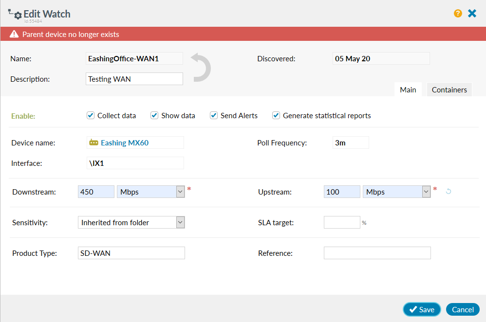 SD-WAN edit watch panel - Parent device no longer exists