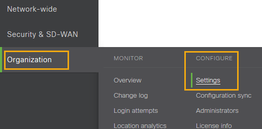 SDWAN Meraki Organization, Configure, Settings