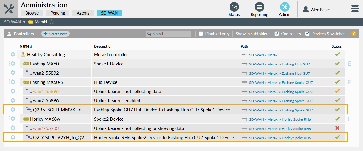 SD-WAN admin page showing tunnels