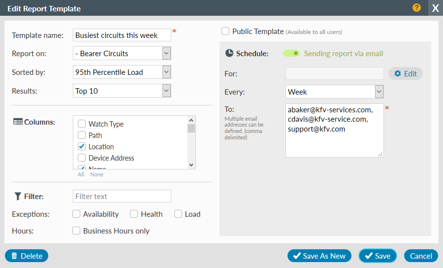 Edit report template panel